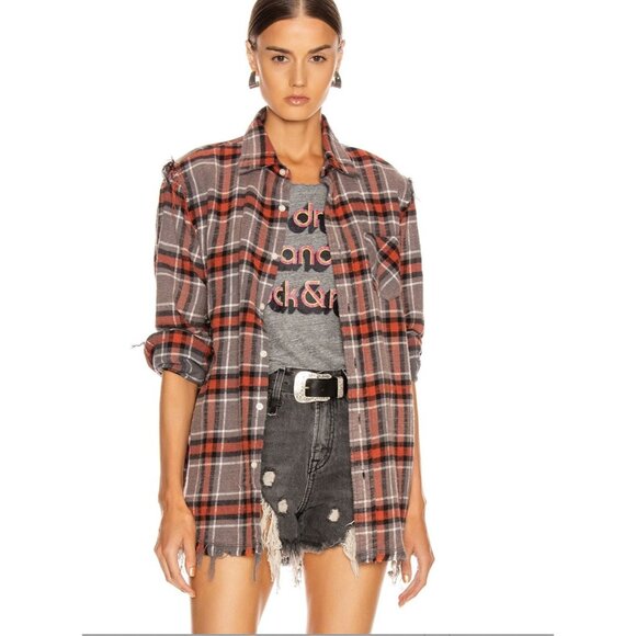 R13 Shredded Seam Button Down Shirt Red & Charcoal Enzyme Plaid Size XS - Picture 1 of 5